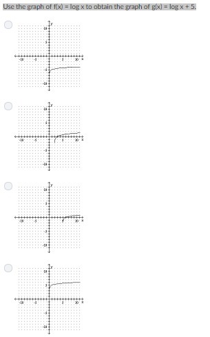 Use the graph of f(x) = log x to obtain the graph of g(x) = log x + 5.-example-1