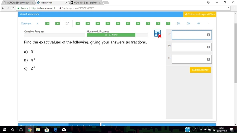 Find the exact values of the following, giving your answer as fractions A) 3^-2 B-example-1