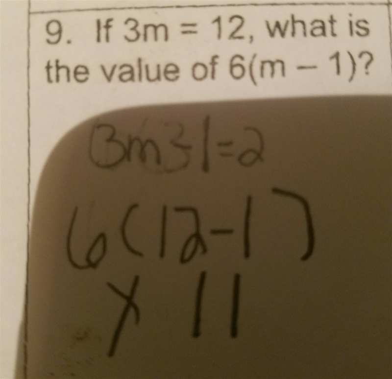 If 3 m equals 12 what is the value of 6(m-1)-example-1