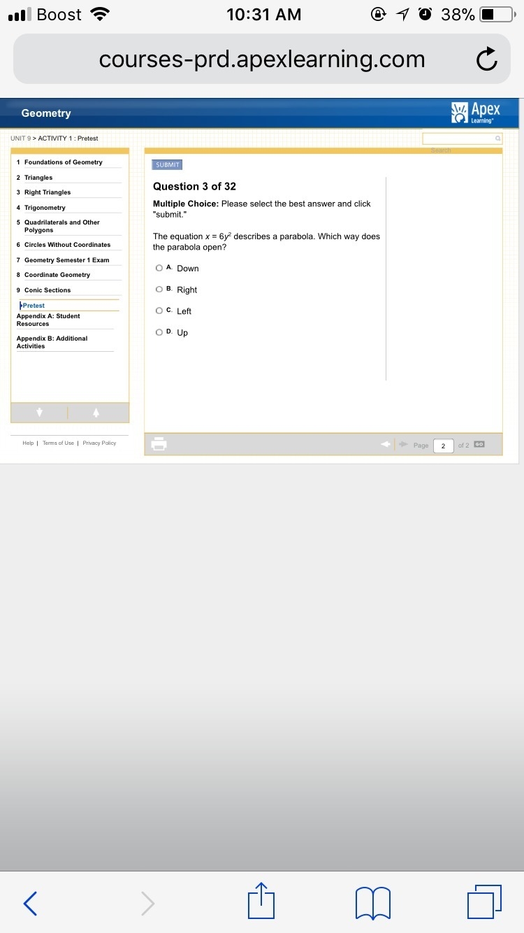 The equation x = 6y2 describes a parabola. Which way does the parabola open?-example-1