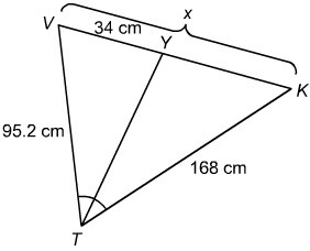 What is the value of x? Enter your answer in the box. cm Triangle V T K with segment-example-1