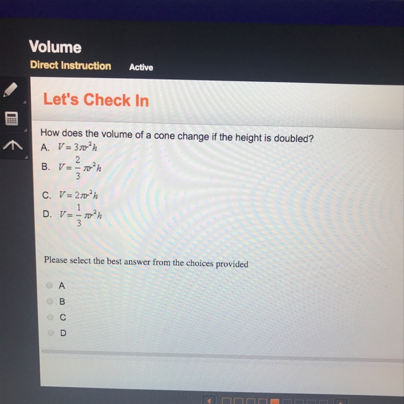 How does the volume of a cone change if the height is doubled ?-example-1