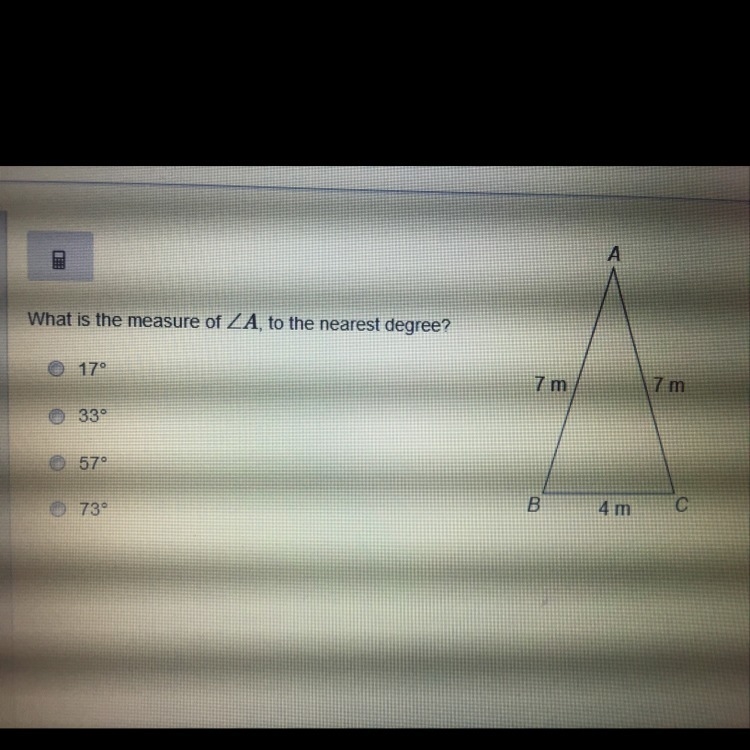 What is the measure of angle A to the nearest degree?-example-1