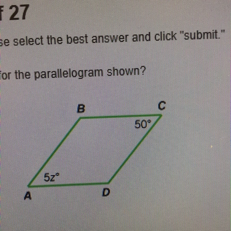 What is the value of z for the parallelogram shown? A.130 B.40 C.10 D.26-example-1