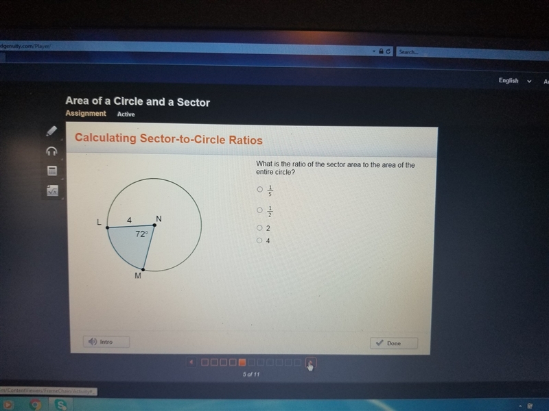 What is the ratio of the sector area to the area of the entire circle? Answer is: 1/5-example-1