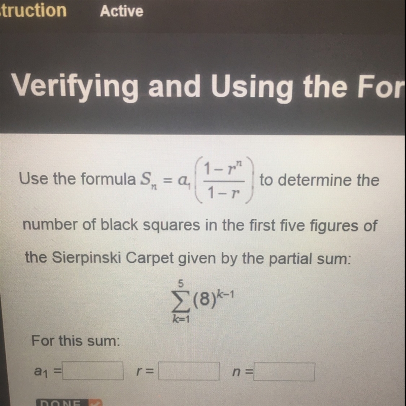 What is the sum for a1=? R=? And n=?-example-1