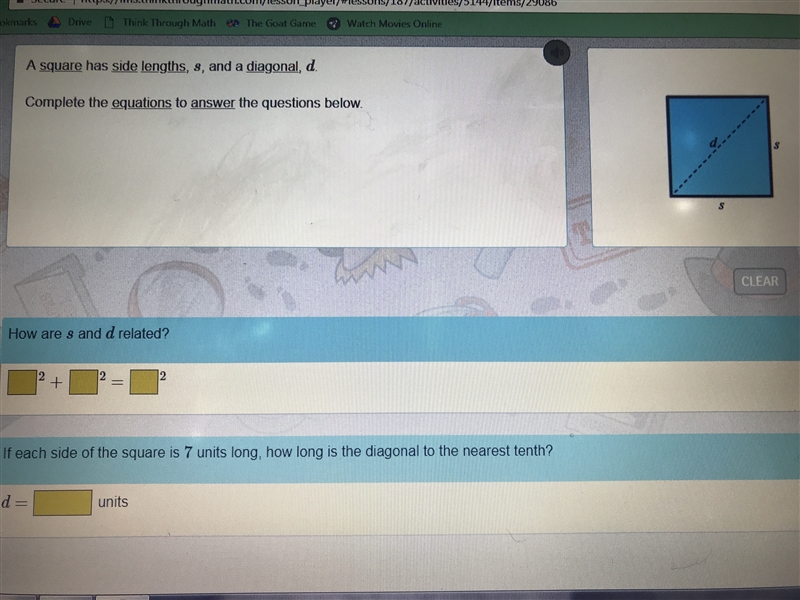 A square has side lengths, s, and a diagonal, d. Complete the equations to answer-example-1