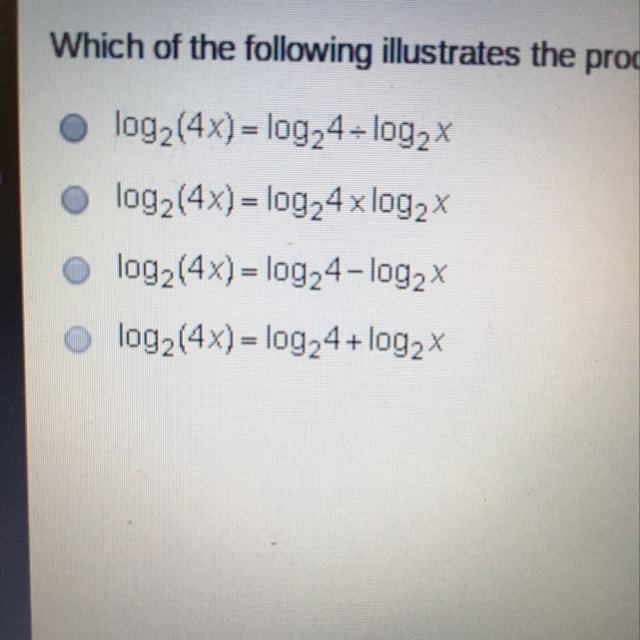 Which of the following illustrates the product rule for Logarithmic equations?-example-1