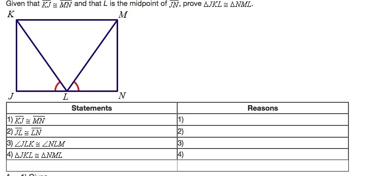 Given that KJ = MN and that L is the midpoint of JN, prove JKL = NML.-example-1