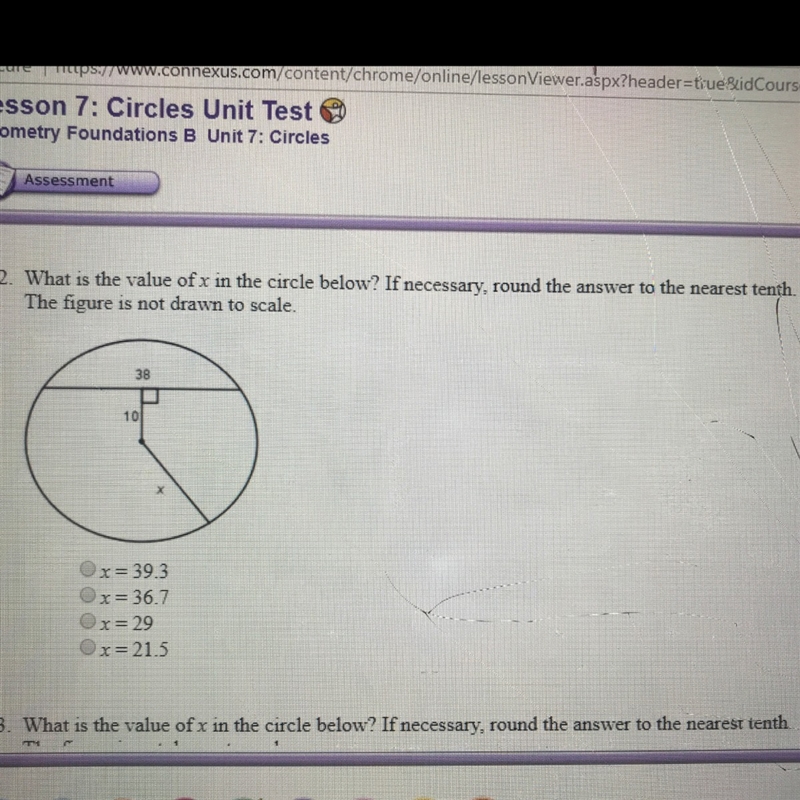 What is the value of x in the circle below? If necessary round your answer to the-example-1