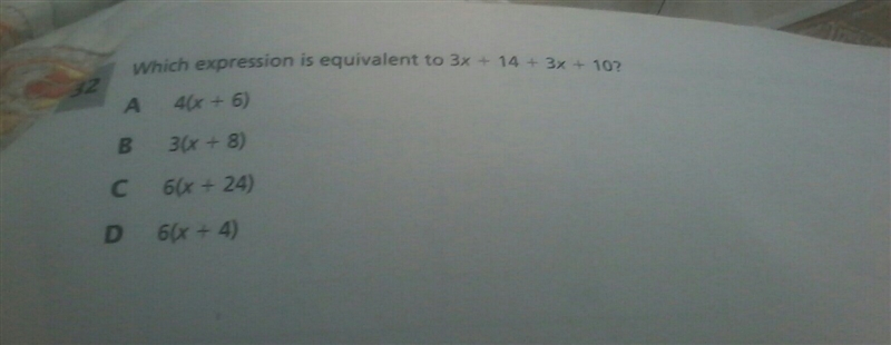 Which expression is equivalent to 3x +14 +3x +10-example-1