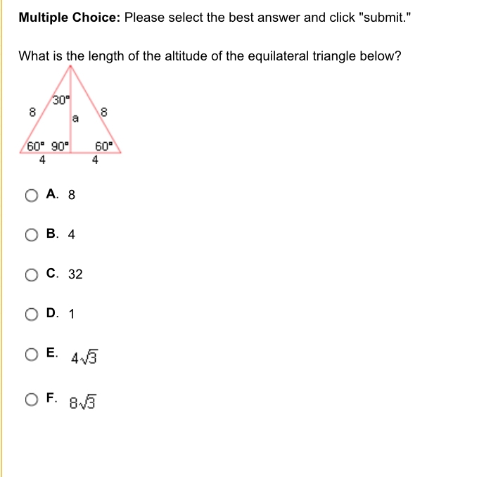 PLEASE HELP What is the length of the altitude of the equilateral triangle below?-example-1