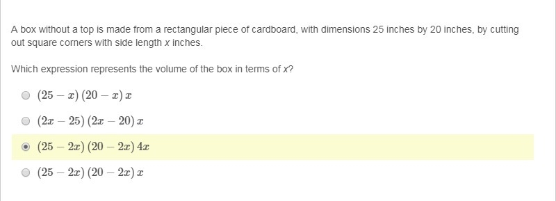 A box without a top is made from a rectangular piece of cardboard, with dimensions-example-1