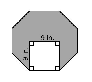 A square rests inside a regular octagon. Each shape has a side length measuring 9 inches-example-1