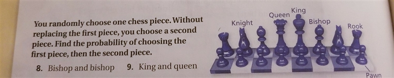 You randomly choose one chess piece. Without replacing the first piece you choose-example-1