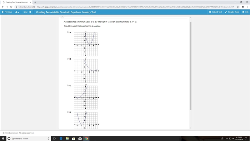 A parabola has a minimum value of 0, a y-intercept of 4, and an axis of symmetry at-example-1