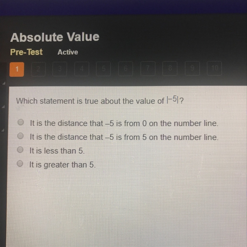 Which statement is true about the value of |-5| ?-example-1