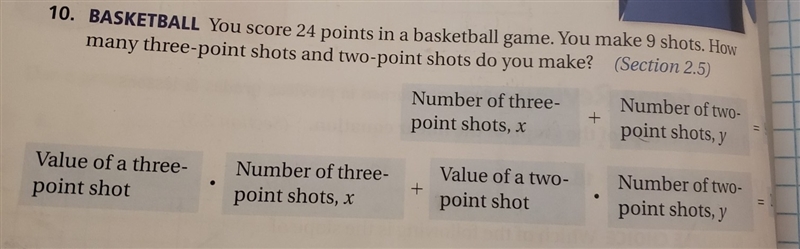 you score 24 points in a basketball game. you make 9 shots how many three point shots-example-1