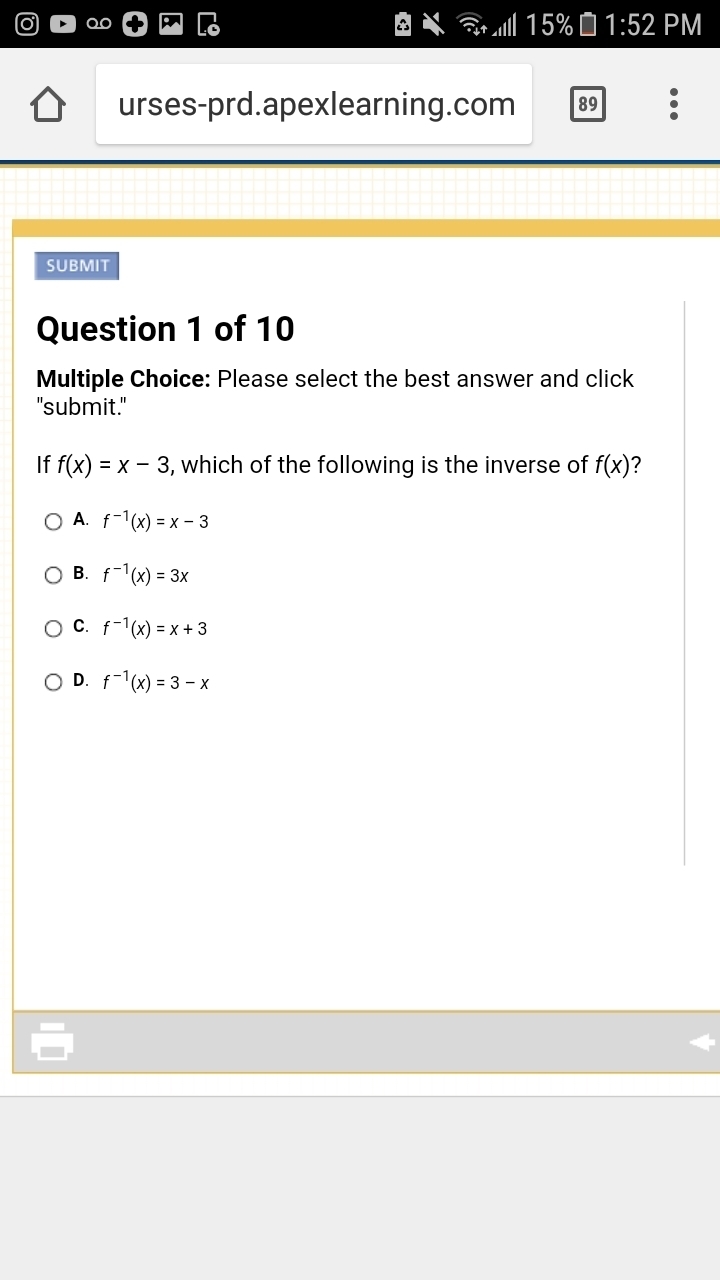 If f(x)=x-3, which of the following is the inverse f(x)?-example-1