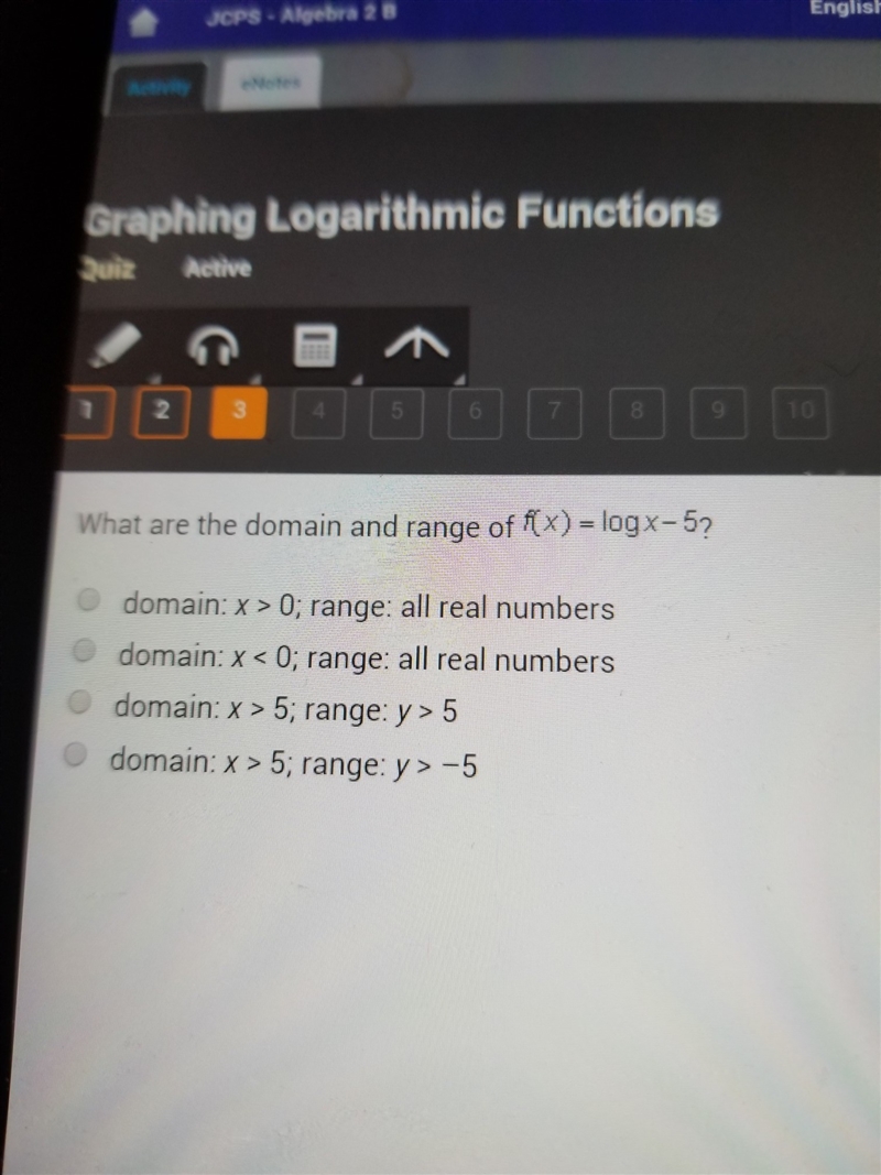 What are the domain and range of f(x)=logx-5-example-1