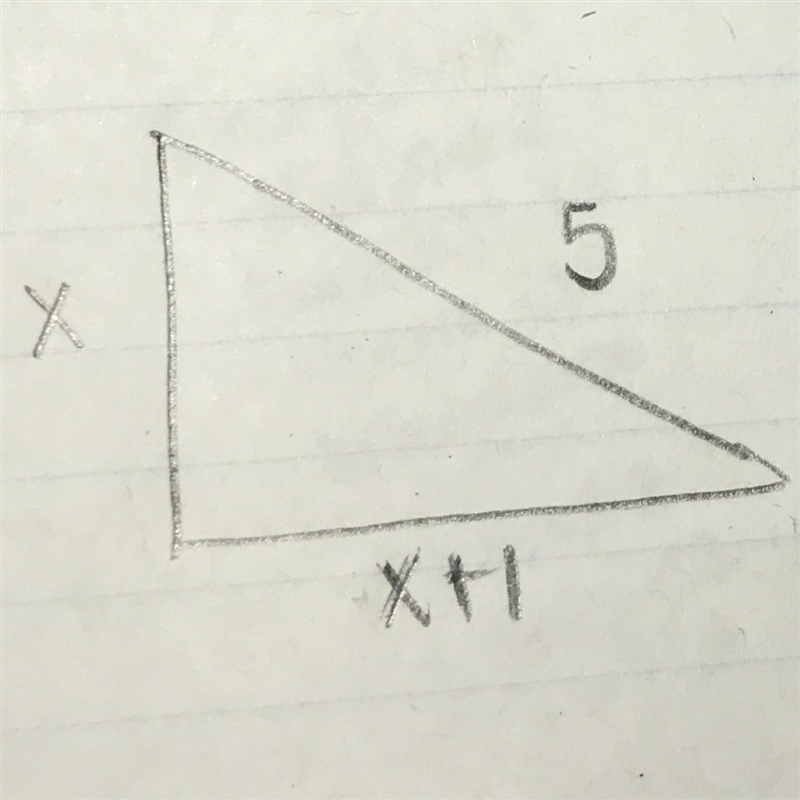 If a right angles triangle has 3 sides (x, x+1, 5) and then longest side is 5, what-example-1