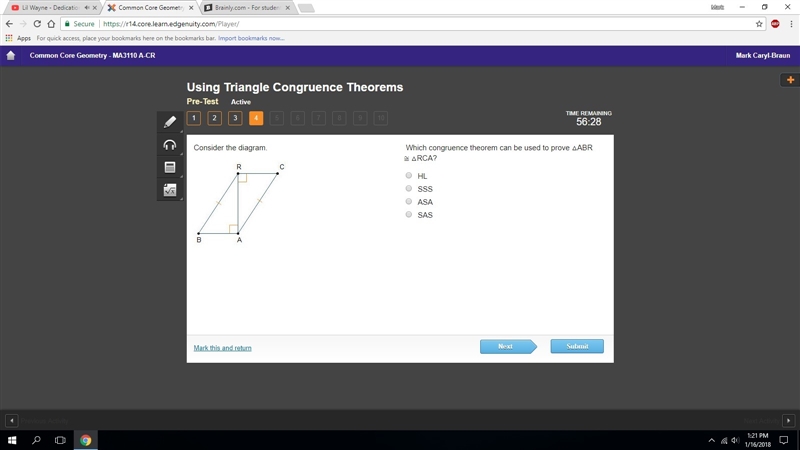 Consider the diagram. Which congruence theorem can be used to prove △ABR ≅ △RCA? HL-example-1