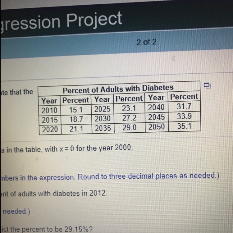 As the table shows, projections indicate that the percent of adults with diabetes-example-1