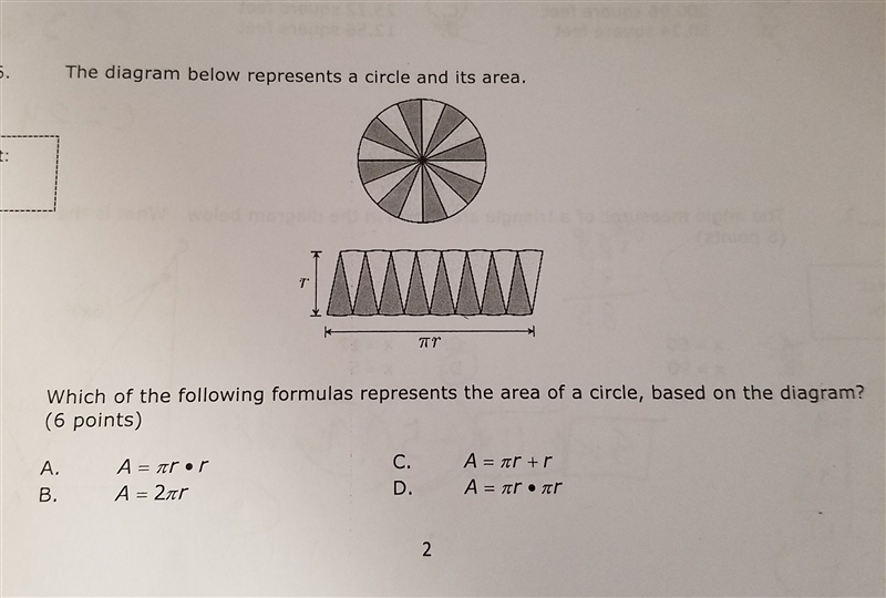 Wich of the following formulas represents the area of the circle, based on the information-example-1