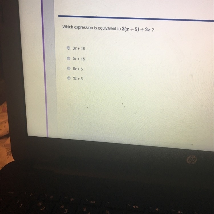 Which expression is equivalent to 3(x+5)+2x? Help me soon I’m so confused-example-1