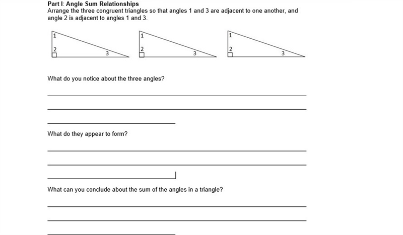 Part I: Angle Sum Relationships Arrange the three congruent triangles so that angles-example-1