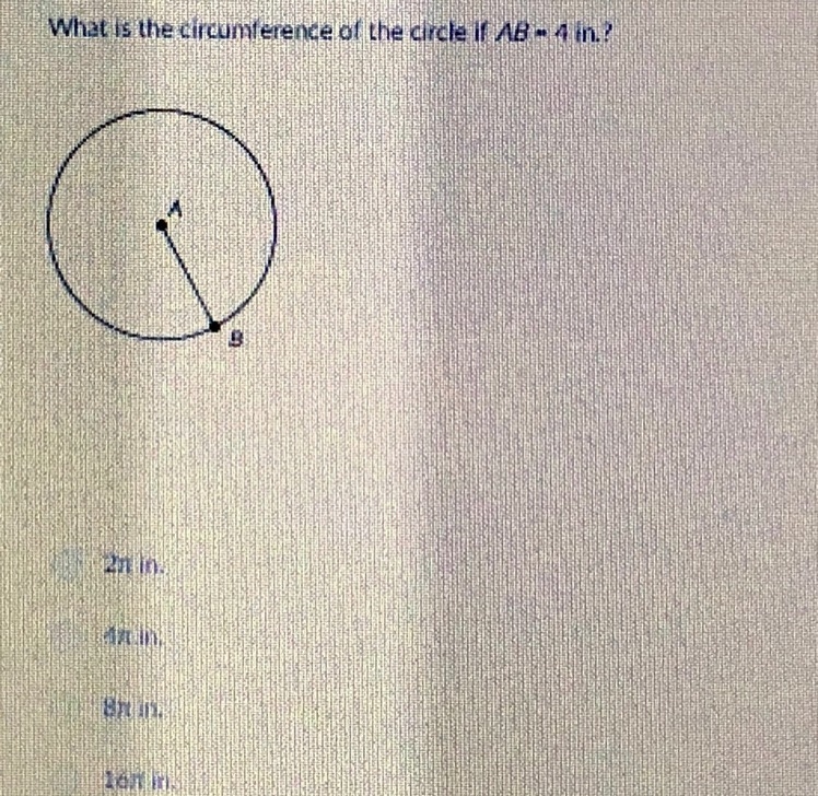 What is the circumference of the circle if AB = 4 in?-example-1