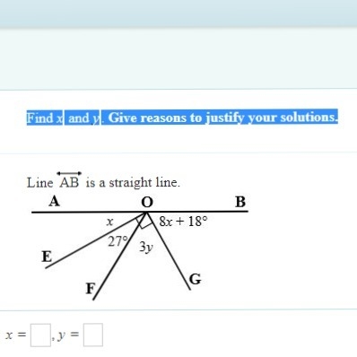 Find x and y. Give reasons to justify your solutions.-example-1