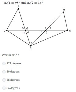 M<1 = 95 and m<2 =36: What is m<7? Answers and figure attached!-example-1