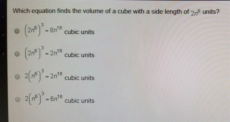 Which equation finds the volume of a cube with a side length of 2n^6 units?-example-1