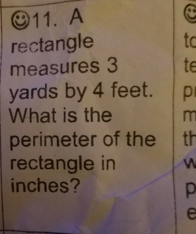 a rectangle measures 3 yards by 4 feet. what is the perimeter of the rectangle in-example-1