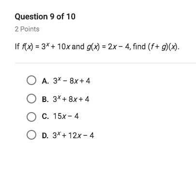 If f(x) = 3^x + 10x and g(x) = 2x - 4, find (f + g)(x)-example-1