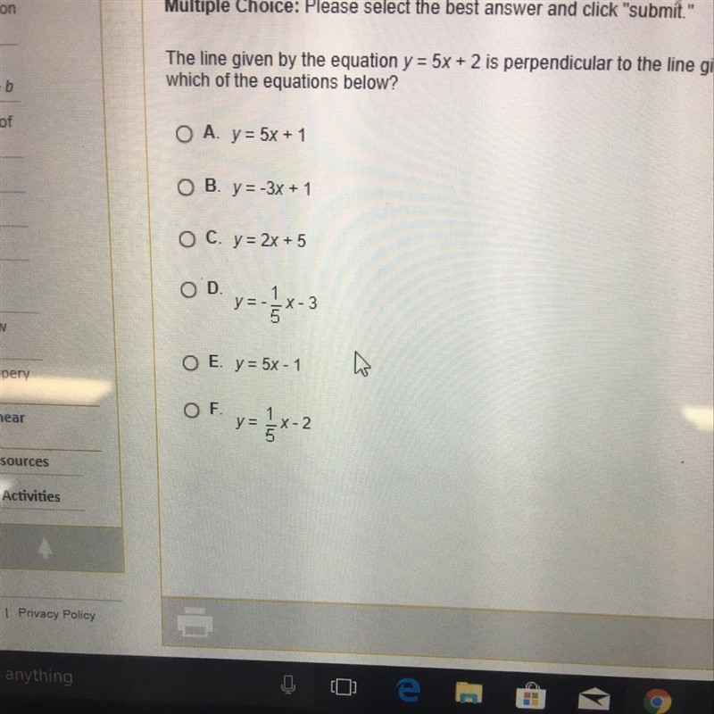 The line given by the equation y=5x+2 is perpendicular to the line given by which-example-1