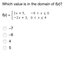 Please help, need answer fast! Which value is in the domain of f(x)? f(x) = –7 –6 4 5 Mark-example-1