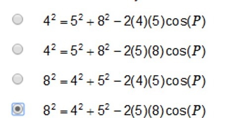 In triangle MNP, m = 5 cm, n = 4 cm, and p = 8 cm. Which formula can you use to find-example-1