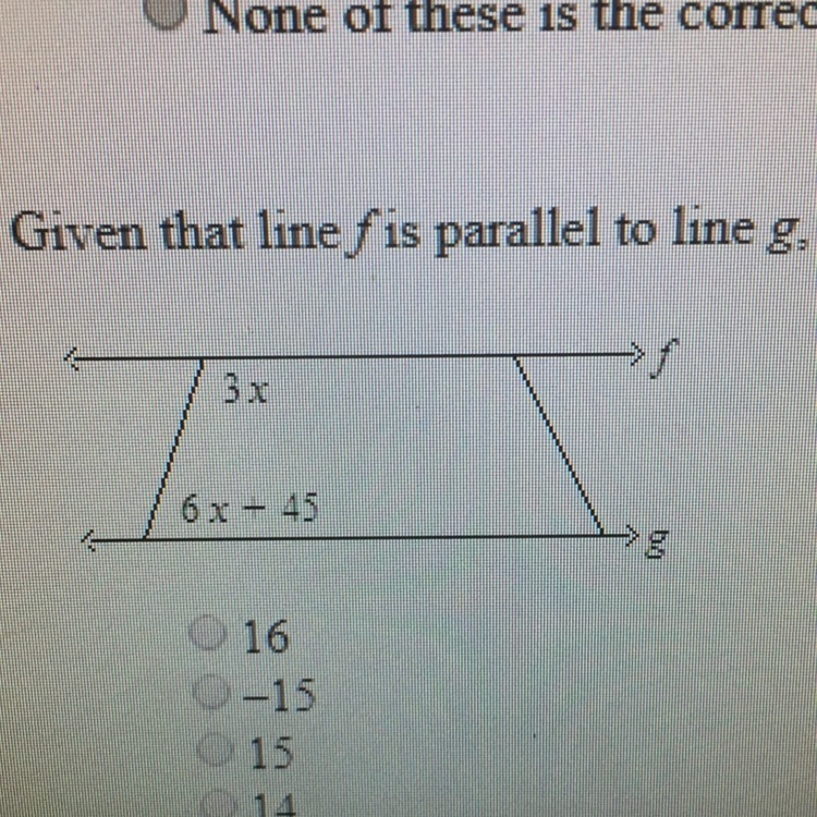 Given the line F is parallel to line g find the value of X. The diagram is not a scale-example-1