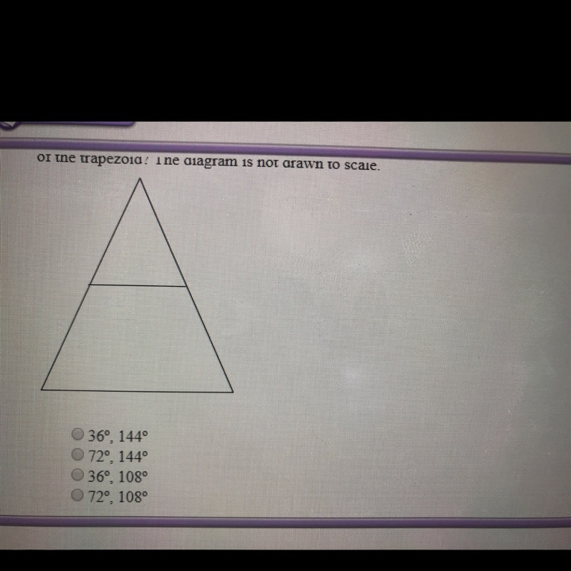 The isosceles trapezoid is part of an isosceles triangle with a 36° vertex angle. What-example-1