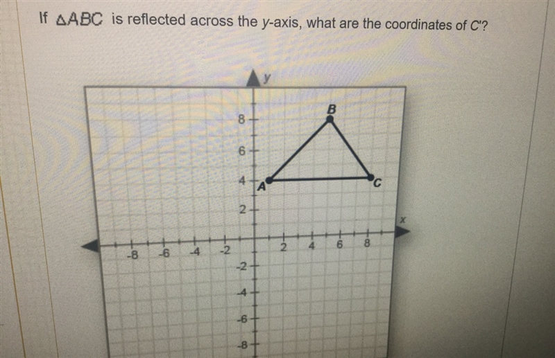 If triangle ABC is reflected across the y-axis, what are the coordinates of C? A. (8, -4) B-example-1