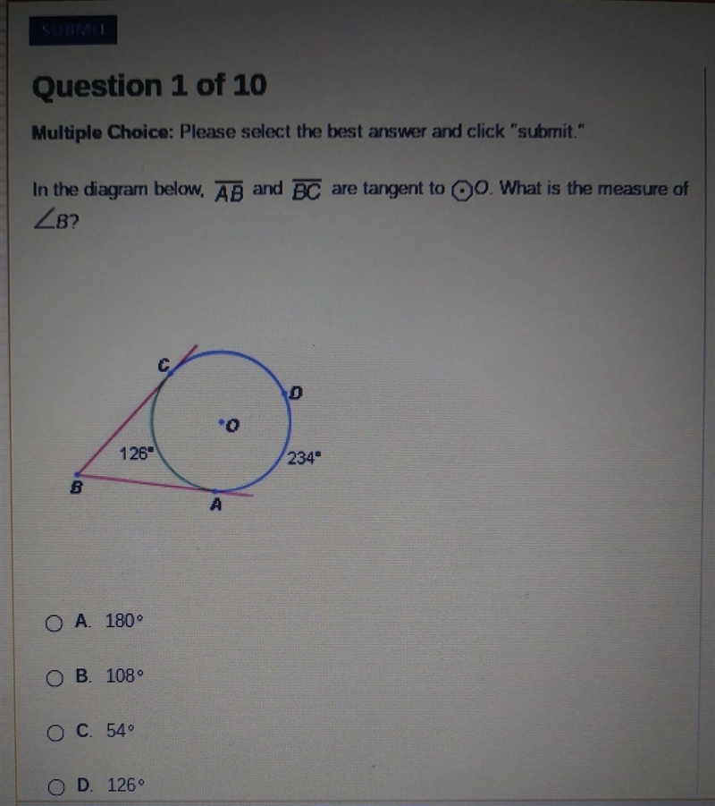 In the diagram below, AB and BC are tangent to O. What is the measure of angle B? APEX-example-1