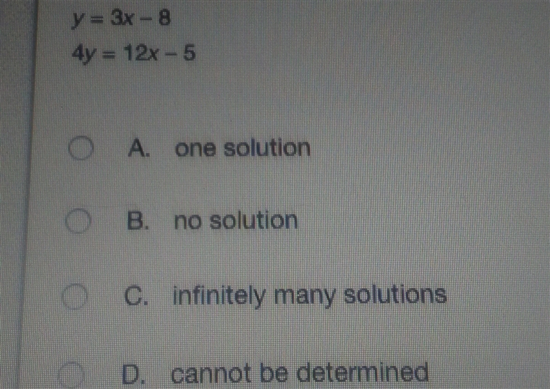 without graphing decide whether the system of linear equations below has one solution-example-1