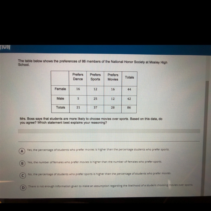 The table below shows the preferences of 86 members of the national honor society-example-1