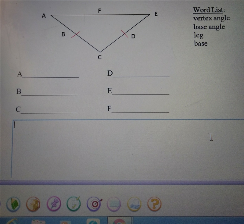 using the words from the word list name all the parts of the isosceles triangle. some-example-1