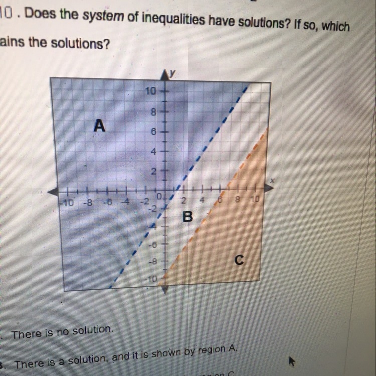 This graph shows the solution to the inequalities y>3/2x-2 and y<3/2x-10. Does-example-1