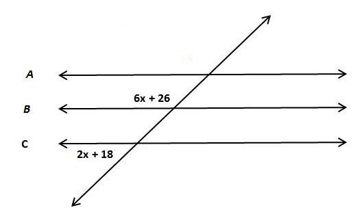 Consider that lines B and C are parallel. What is the value of x? What is the measure-example-1