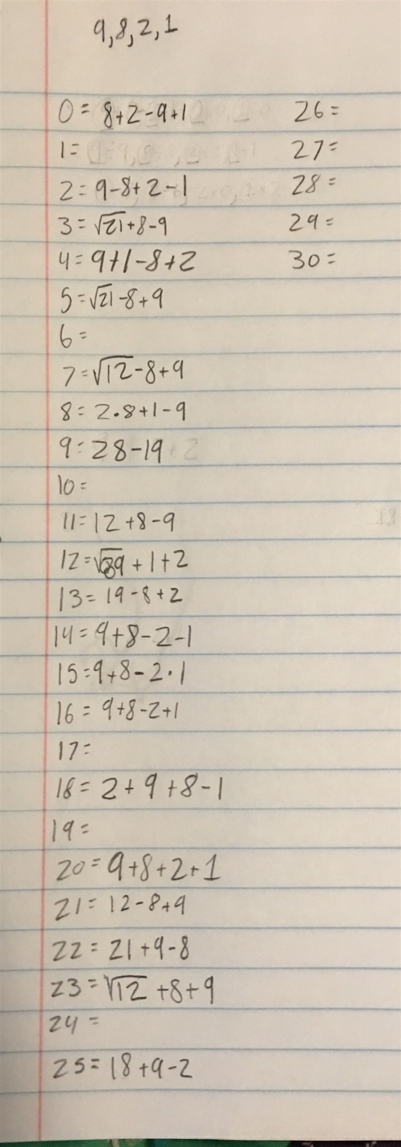 HELP MATH HOMEWORK 98 PNTS!!! Using the numbers 9,8,2, and 1, make 30 equations. You-example-1