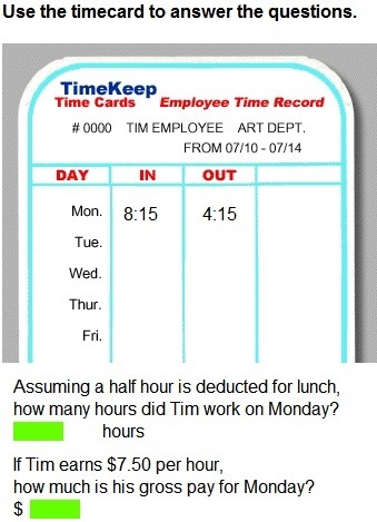 Use the timecard to answer the questions. (See pic below) Assuming a half hour is-example-1